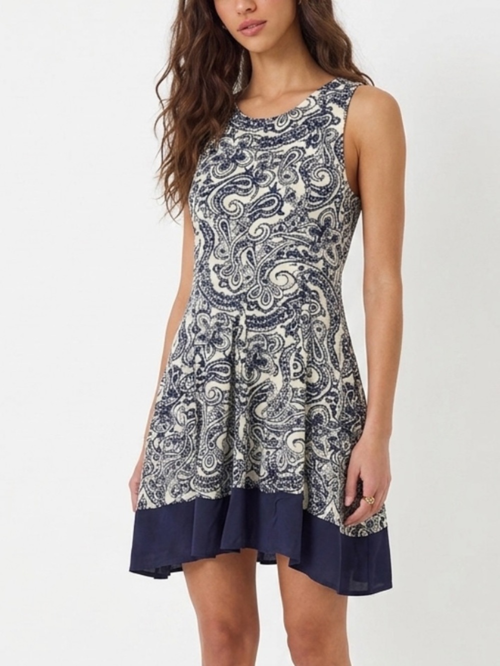 En Creme Paisley Floral Print Skater Tank Dress Size Small A-Line Boho Sundress